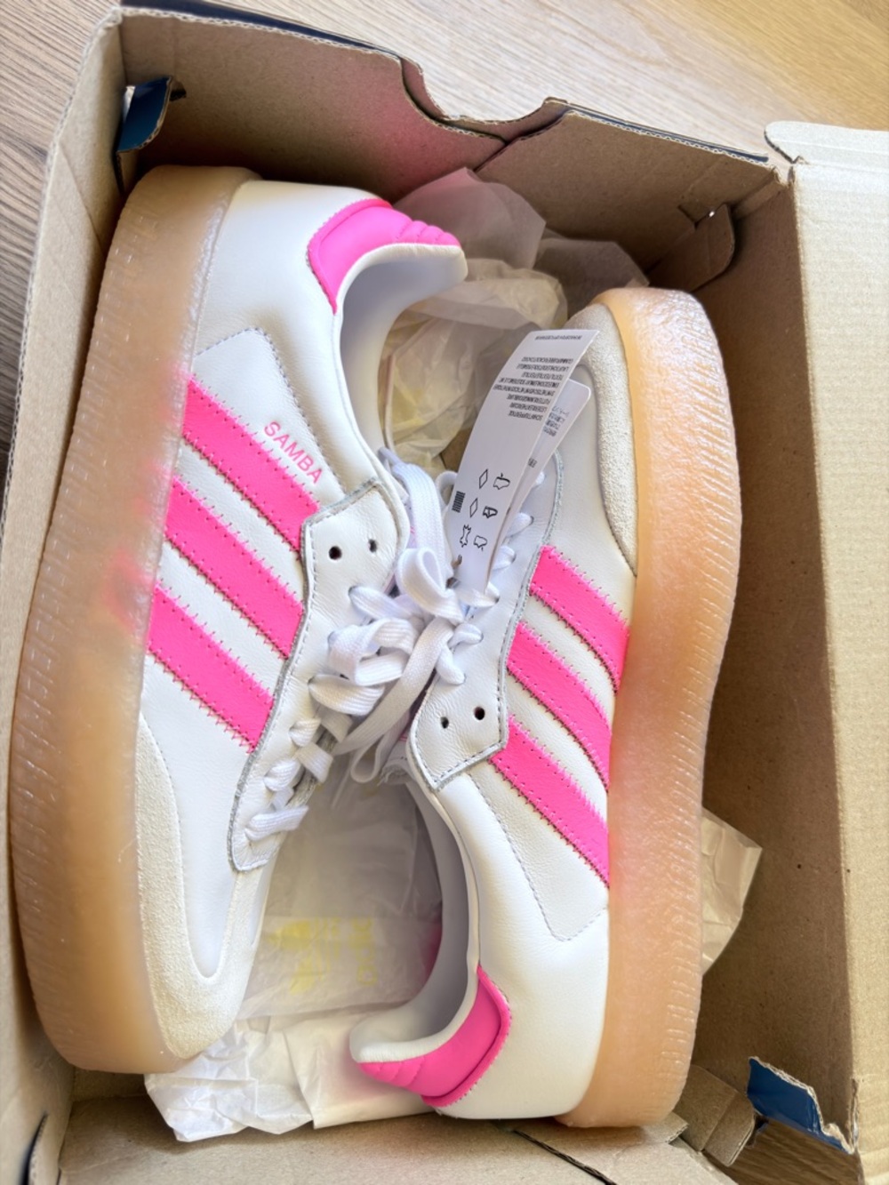 Adidas Sambae White Sneakers with Pink Three-Stripes and Gum Platform - Picture 2 of 4